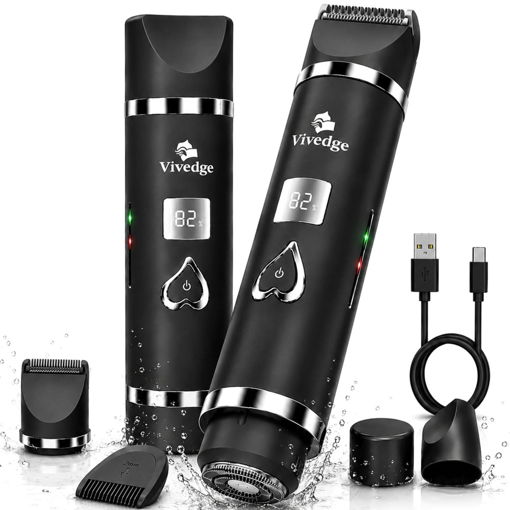 Electric Razor for Women, Bikini Trimmer & Facial Hair Remover, Rechargeable Body Shaver with Ceramic Blade, Waterproof, LED Display, USB-C, Travel Lock, Groomer Gift | VIVEDGE (Black)