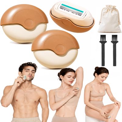 Portable 3-Layer Hair Shaver with Rotating Cover, 3-Layer Stainless Steel Manual Razor for Women & Men, Triple Blade Precision Travel Grooming Tool with Smooth Moisture Strip for Face Body (2Pcs)