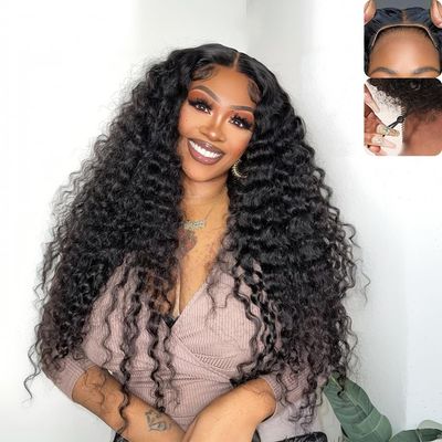 QUANDIAN 30 Inch Deep Wave Glueless Wigs Human Hair Pre Plucked Pre Cut 7x5 HD Lace Deep Wave Lace Front Wigs Human Hair 210% Density Upgraded No Glue Drawstring Curly Lace Front Wig for Women