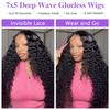QUANDIAN 30 Inch Deep Wave Glueless Wigs Human Hair Pre Plucked Pre Cut 7x5 HD Lace Deep Wave Lace Front Wigs Human Hair 210% Density Upgraded No Glue Drawstring Curly Lace Front Wig for Women view 2