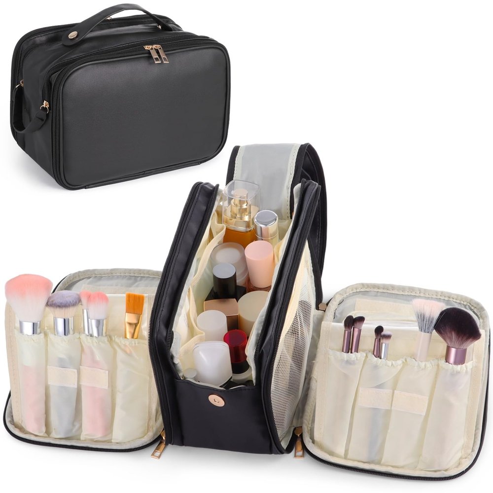 Travel Makeup Bag for Women, Large Capacity Cosmetic Organizer, Multi Layer Toiletry Bag with Handle, Waterproof PU Leather Portable Zippered Makeup Case, Standing Brush Holder