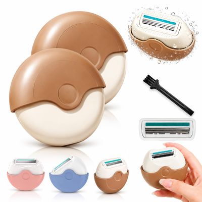 Portable 3-Layer Hair Shaver with Rotating Cover, Compact Travel Rotary Razor for Women, Triple Blade Grooming Tool with Smooth Moisture Strip, Wet Dry Mini Razor for Legs Underarms Face (Brown,2PCS)