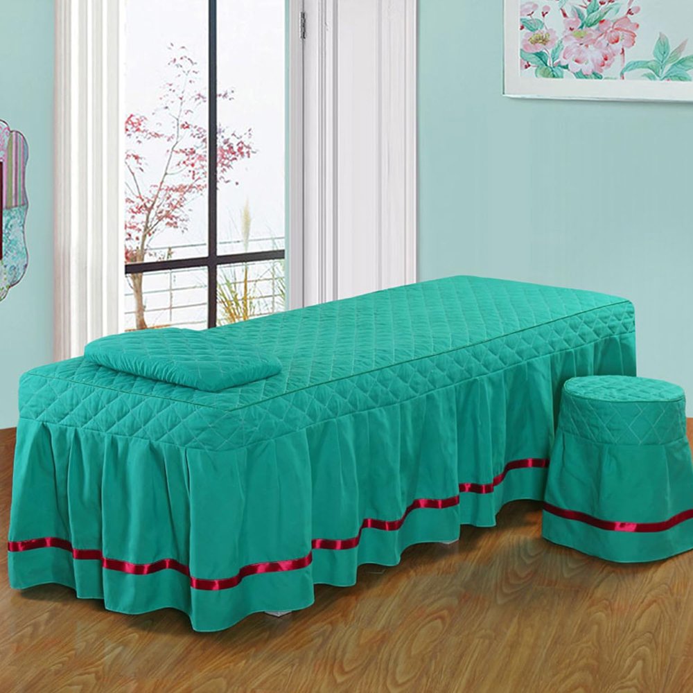 Massage Table Bed Skirt with Hole Solid Color Quilted Spa Massage Table Cover 2-Piece Set Soft Breathable Salon Pleated Bedskirt with Phone Pocket Washable for Beauty (Green/a,80 * 190cm(S))