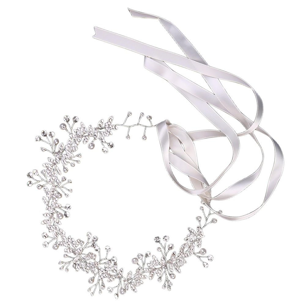 YHomU Rhinestone Leaf Bridal Headdress, Silver Wedding Hair Accessories, Garland Headwear with Faux Pearls, Bride Hair Piece