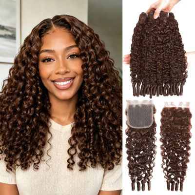 ALHER Color #4 Brown Burmese Curly Bundle with 4x4 Closure 18 20 22+18 Inch