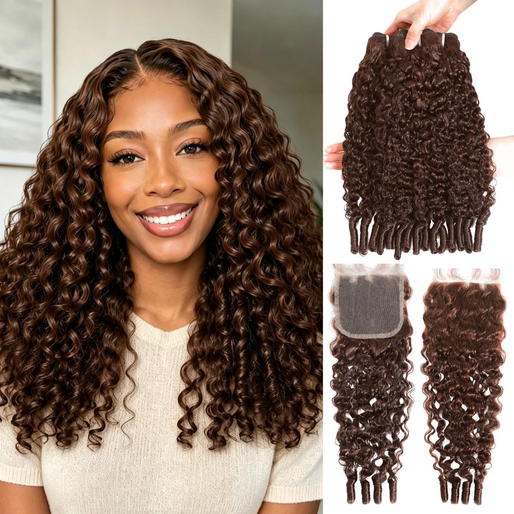 ALHER Color #4 Brown Burmese Curly Bundle with 4x4 Closure 18 20 22+18 Inch
