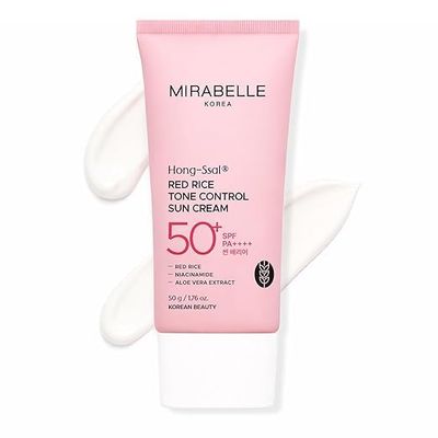 Mirabelle Korea Hong-Ssal Red Rice Tone Control Sun Cream SPF 50+ PA++++, Lightweight Daily Facial Sunscreen with Niacinamide & Aloe Vera Extract, Moisturizing UV Protection, 50 g / 1.76 oz