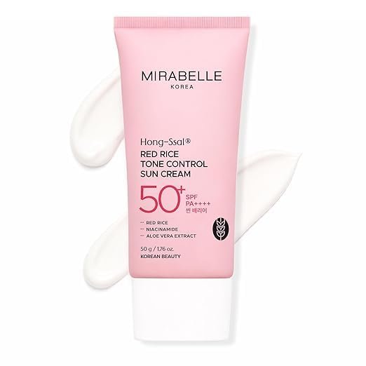 Mirabelle Korea Hong-Ssal Red Rice Tone Control Sun Cream SPF 50+ PA++++, Lightweight Daily Facial Sunscreen with Niacinamide & Aloe Vera Extract, Moisturizing UV Protection, 50 g / 1.76 oz