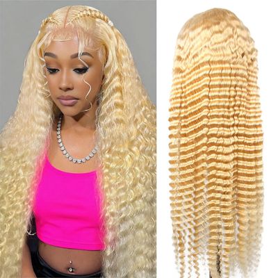 HUANGCAI 13x6 HD Lace Front Wig Human Hair 613 Blonde Deep Wave 200% Density Pre Plucked Hairline Curly Lace Front Wigs for Women, 24 Inch