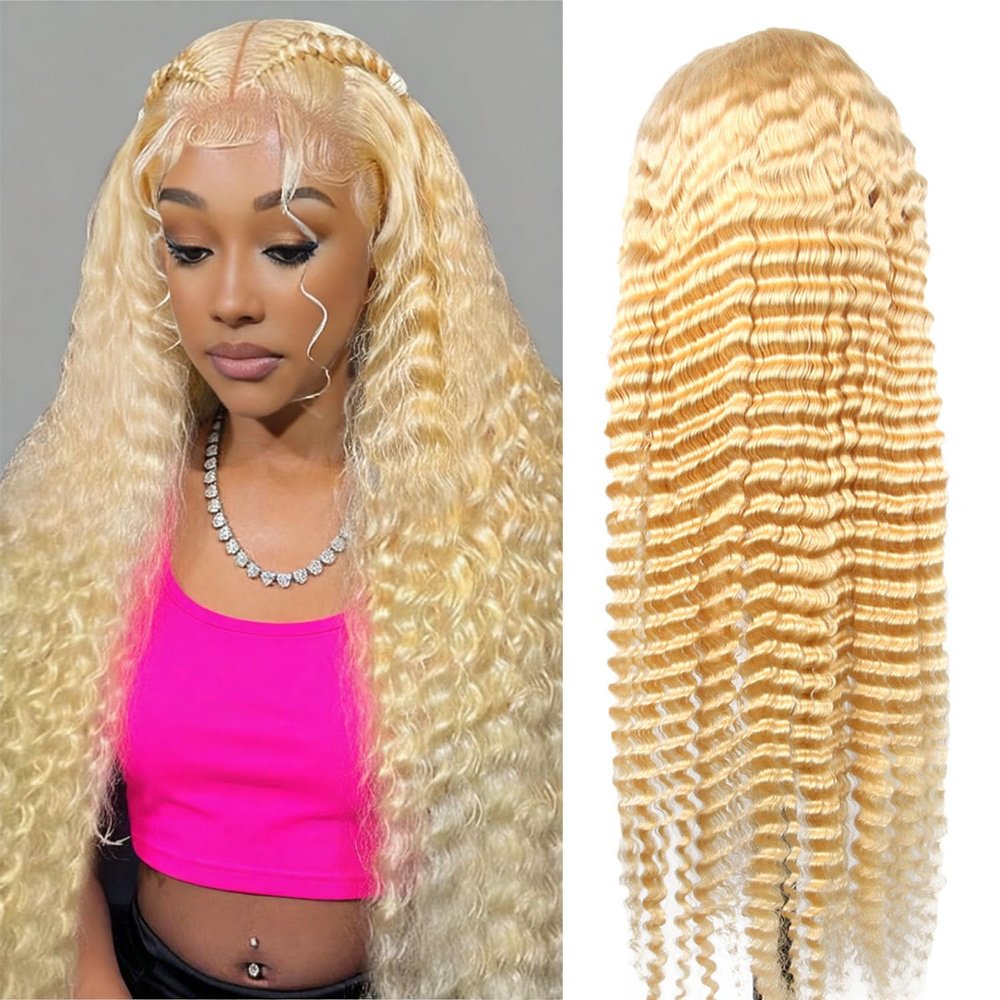 HUANGCAI 13x6 HD Lace Front Wig Human Hair 613 Blonde Deep Wave 200% Density Pre Plucked Hairline Curly Lace Front Wigs for Women, 24 Inch
