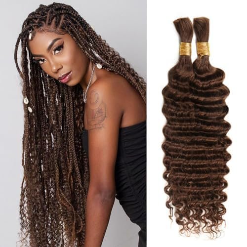 Human Braiding Hair 20 Inch 100g 4# Deep Wave Bulk Human Hair for Braiding No Weft Curly Bundles Hair Extensions for Boho Knotless Wet and Wavy Braids (#4)