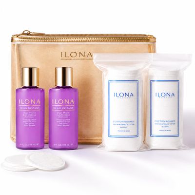 ILONA In an Instant Dual-Phase Eye Makeup Remover Duo | 2 Full-Size 4.0 oz Bottles + 100 Cotton Rounds & Gold Mesh Travel Bag | Removes Waterproof Eye Makeup | Gentle for Sensitive Eyes