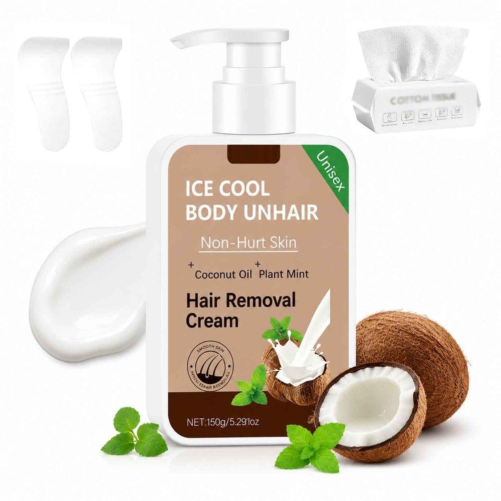 Coconut Hair Removal Cream, Ice Cool Body Unhair Cream, Coconut Oil & Plant Mint, For Women & Men
