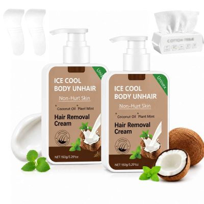Coconut Hair Removal Cream, Ice Cool Body Unhair Cream, Coconut Oil & Plant Mint, For Women & Men