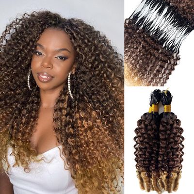 Micro Pre Looped Crochet Human Hair 20 Inch Burmese Curly Feather Invisible Human Crochet Hair Bundle Pre Separated Knotless Ombre Honey Blonde Corchet Human Hair Extensions for Braiding 50G