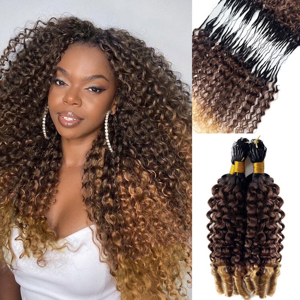 Micro Pre Looped Crochet Human Hair 20 Inch Burmese Curly Feather Invisible Human Crochet Hair Bundle Pre Separated Knotless Ombre Honey Blonde Corchet Human Hair Extensions for Braiding 50G