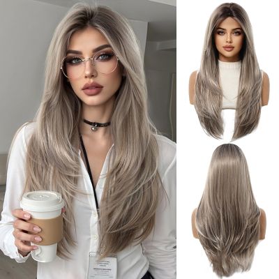 Nuxovin Long Ombre Ash Blonde Human Hair Wig with Bangs Straight Style Lightweight Glueless for Women Daily Party Cosplay Wear (Ash Blonde, 26inch)