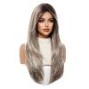Nuxovin Long Ombre Ash Blonde Human Hair Wig with Bangs Straight Style Lightweight Glueless for Women Daily Party Cosplay Wear (Ash Blonde, 26inch) view 3