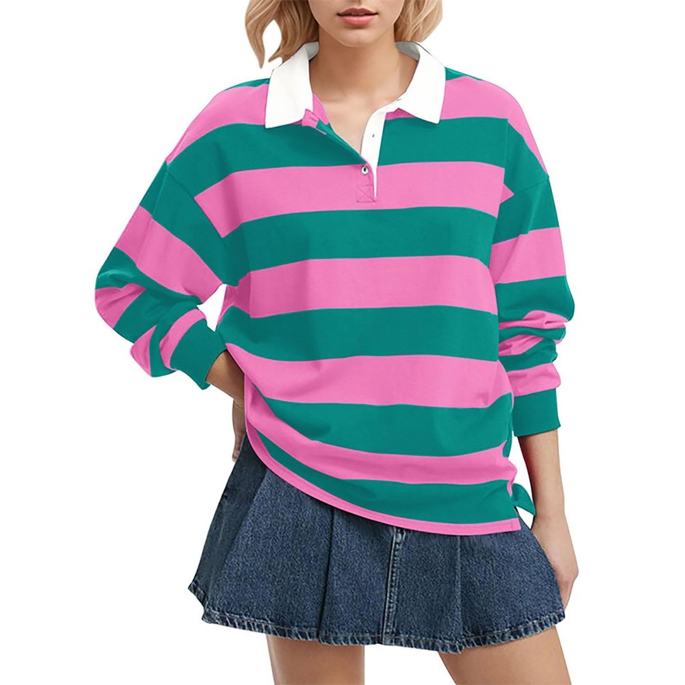 Striped Collared Long Sleeve Shirts for Women Loose Fit Casual Fall Daily