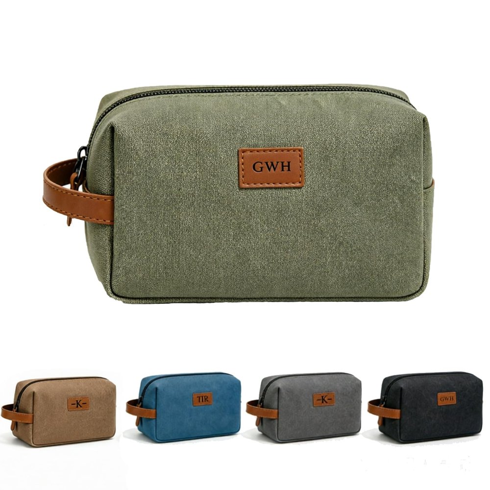 CFuniq Personalized Toiletry Bag for Men, Custom Engraved Canvas Travel Bag with Leather Patch, Travel Shaving Kit Organizer, Groomsmen Gift for Him (Green)