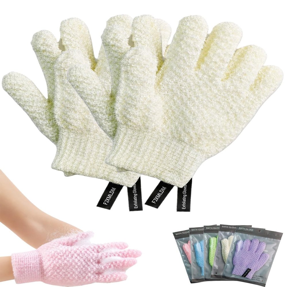 2 Pairs 3D Textured Five-Finger Exfoliating Bath Gloves, Body Scrub Shower Mitts for Cleansing, Lathering and Massage