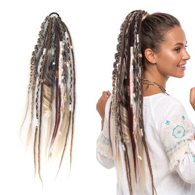 24 Inch Boho Braided Dreadlock Ponytail Hairpiece with Accessories (Black)