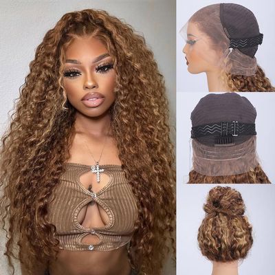 Ebarly 28 Inch Highlight Ombre Hidden Strap 360 Glueless Wigs Human Hair 360 HD Honey Blonde 4/27 Human Hair Wig With Drawstring Pre Plucked Pre Bleached 220 Density