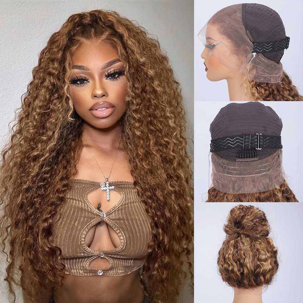 Ebarly 28 Inch Highlight Ombre Hidden Strap 360 Glueless Wigs Human Hair 360 HD Honey Blonde 4/27 Human Hair Wig With Drawstring Pre Plucked Pre Bleached 220 Density