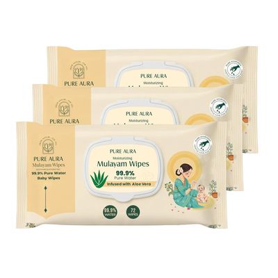 Pure Aura Baby Wipes 72 Pulls, Pack of 4 Doctor Recommended 99.9% Pure Water Wipes with Aloe Vera | Ultra Soft, Thick & Plant-Based | Gentle for Newborns & Sensitive Skin