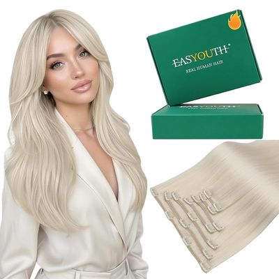 Easyouth Clip in Hair Extensions Real Human Hair White Blonde, Human Hair Clip in Extensions Blonde, 7pcs 120g, for Beginner, for Photoshoots, Double Weft Clip in Human Hair Extension