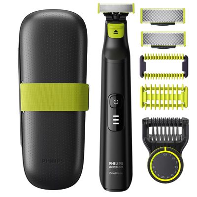 PHILIPS OneBlade Pro Face + Body Hybrid Electric Trimmer & Shaver, Rechargeable, Adjustable 14-Length Precision Comb, Body Kit, Dual-Sided Blade, Wet & Dry Use, Travel Case