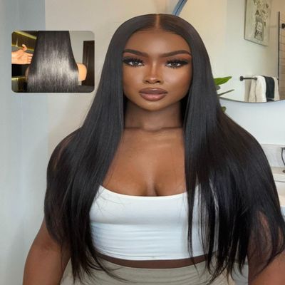 Beauty Forever Bye Bye Knots Light Yaki Straight Glueless Wigs Human Hair Pre Plucked Pre Cut 7x5 Lace Closure Yaki Wigs Pre Bleached Invisible Knots Put on Go Wig for Beginner 150% Density 22 Inch