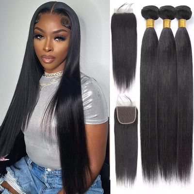 Bundles with Closure Human Hair Straight Brazilian Virgin Straight Bundles Human Hair with Closure,22 24 26 +20 inch Soft and Glossy Quick Weave Hair Extensions Black