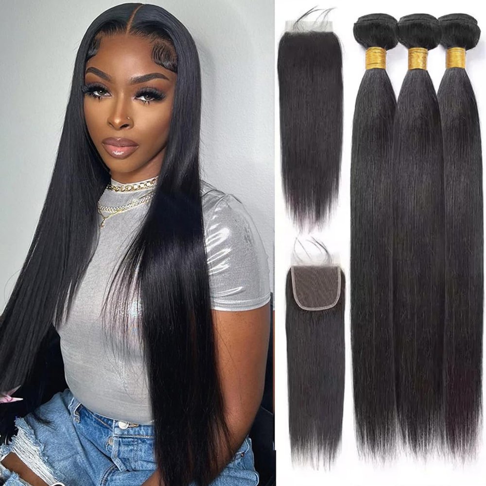Bundles with Closure Human Hair Straight Brazilian Virgin Straight Bundles Human Hair with Closure,22 24 26 +20 inch Soft and Glossy Quick Weave Hair Extensions Black