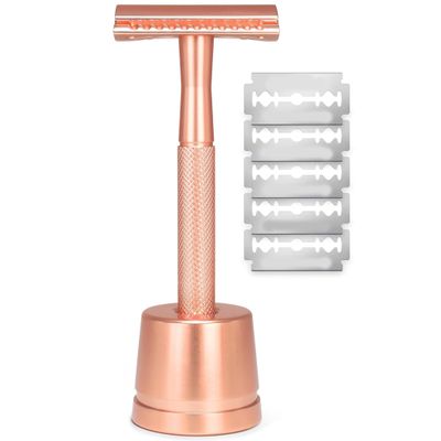 Double Edge Safety Razor with Stand,Women Razor with 5 Double Edge Safety Razor Blades,Plastic Metal Razor Rose Gold for Daily Use