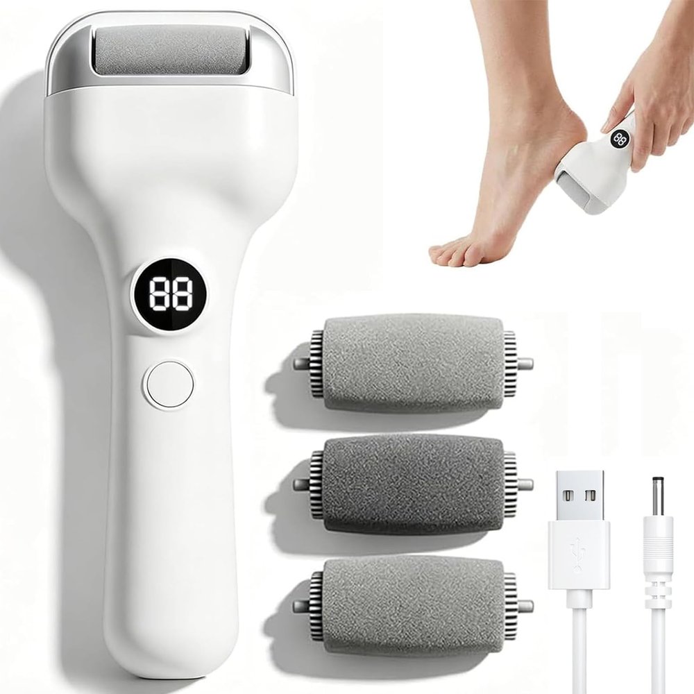 Rechargeable Electric Pedicure Tool with Smart Pressure Sensor, Professional Feet Callus Remover with 3 Rollers & 2 Speeds, Waterproof Foot File Pedicure Tool for Dead Skin & Cracked Heels, White