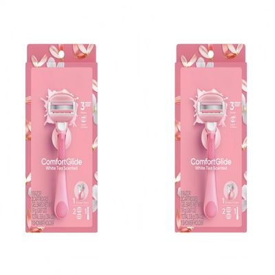 2-piece set Women's Razor Set 2 Handles + 6 Refill Blades with White Tea Gel Bars, Pivoting Head, Includes 2 Shower Hooks, Fits Legs & Underarms