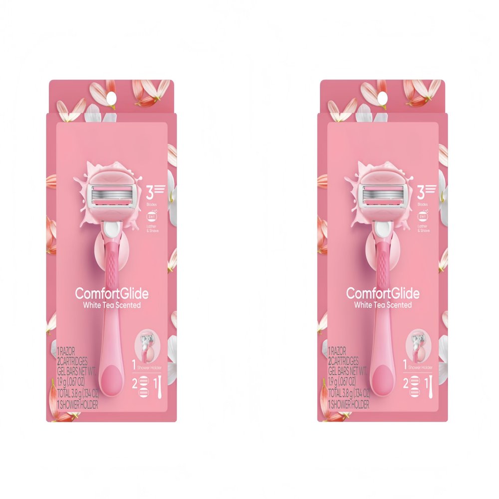 2-piece set Women's Razor Set 2 Handles + 6 Refill Blades with White Tea Gel Bars, Pivoting Head, Includes 2 Shower Hooks, Fits Legs & Underarms