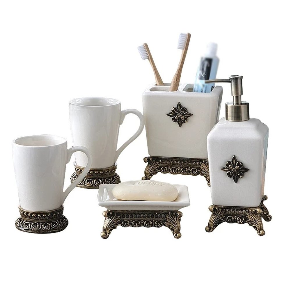 QERTYHJK Ceramic Retro Household Toothbrush Mouthwash Cup Wash Bathroom Accessories Five Piece Set Decor
