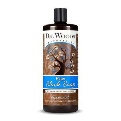 Dr. Woods Raw African Liquid Peppermint Black Soap - Body Wash for Men and Women, Contains Peppermint Oil and Organic Shea Butter, Gentle Exfoliant, Natural Cleanser for Face, Hands, Body - 32 Fl Oz