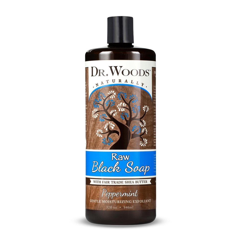 Dr. Woods Raw African Liquid Peppermint Black Soap - Body Wash for Men and Women, Contains Peppermint Oil and Organic Shea Butter, Gentle Exfoliant, Natural Cleanser for Face, Hands, Body - 32 Fl Oz