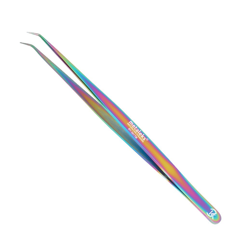 14cm Metaleks Eyelash Extension Tweezers Japanese Stainless Steel In Multi Titanium Coating 45 Angular Tip