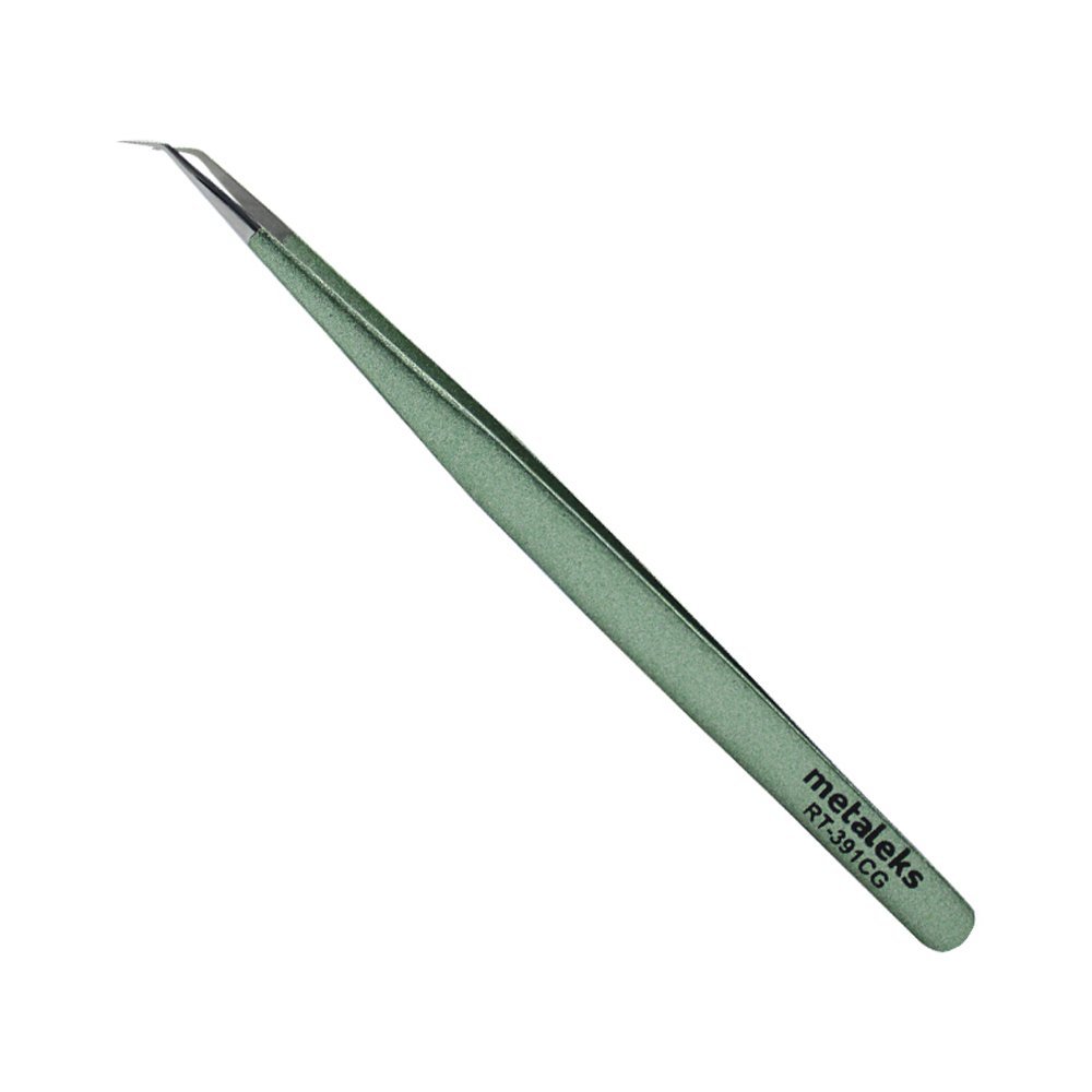 Tweezers for Eyelash Extension - Long 45 Angular Tip Tweezers - Hand Crafted Surgical Stainless Steel Precision Tweezers (Metallic light Green Powder Coated)