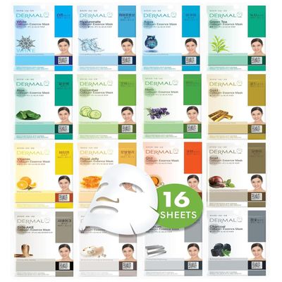 DERMAL Made in Korea Facial Mask 20+ Years of Trusted K-Beauty, Premium Quality vs. Generic Chinese Masks, Best Value Sheet Mask for Daily Skincare 16 Combo Pack A