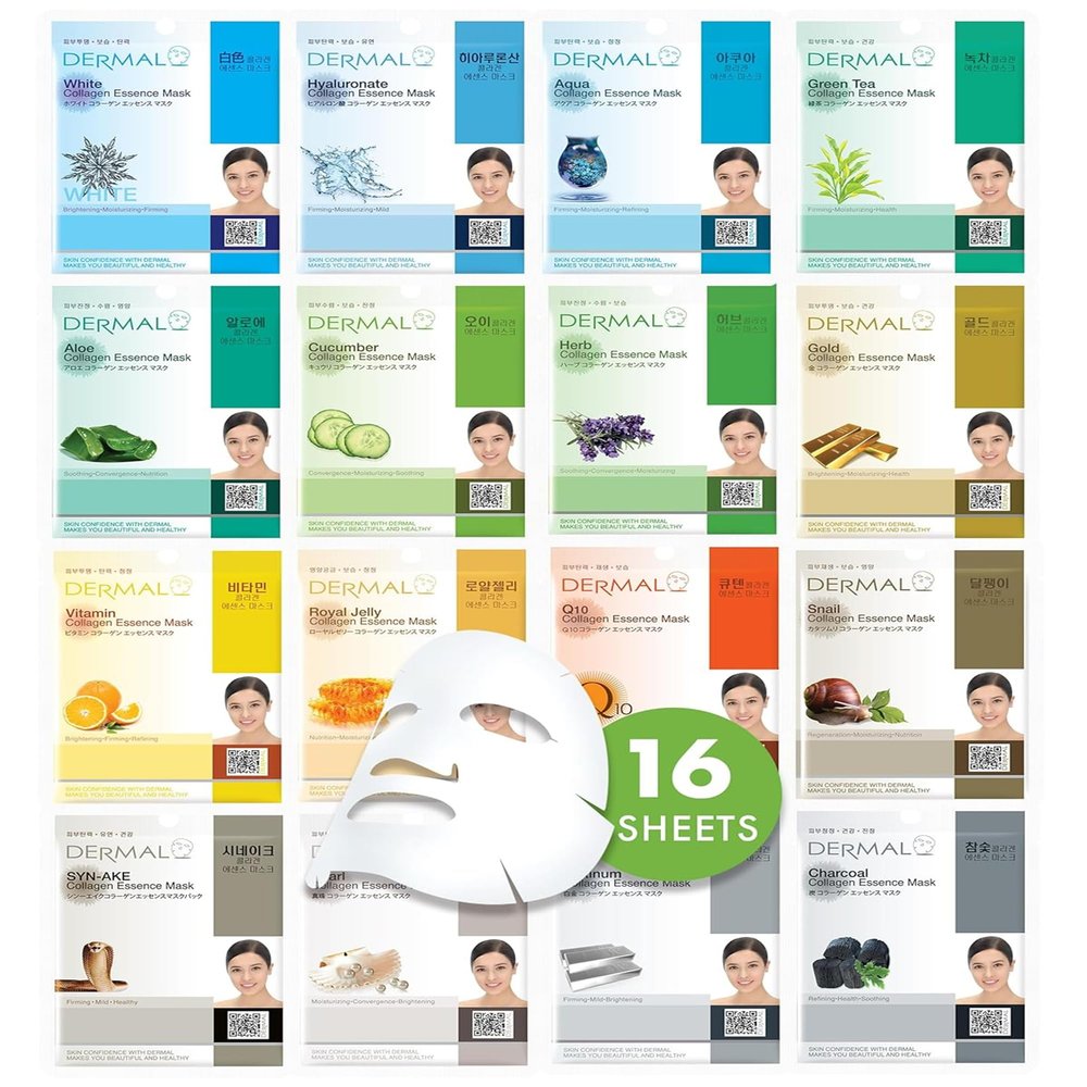 DERMAL Made in Korea Facial Mask  20+ Years of Trusted K-Beauty, Premium Quality vs. Generic Chinese Masks, Best Value Sheet Mask for Daily Skincare  16 Combo Pack A