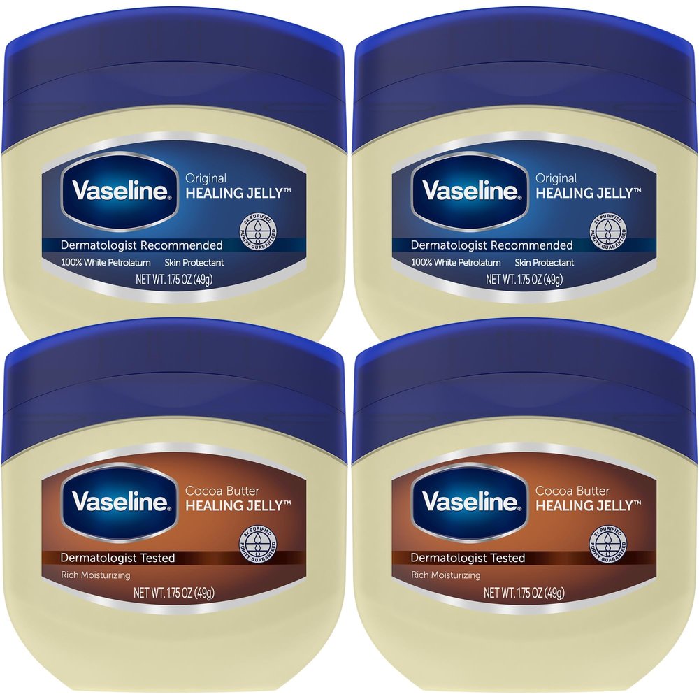 Vaseline Original & Cocoa Butter Healing Jelly Travel-Size Variety 4-Pack  Rich Moisturizing Ointment, Skin Protectant for Soothing Cracked, Dry Skin, 1.75 Oz Ea