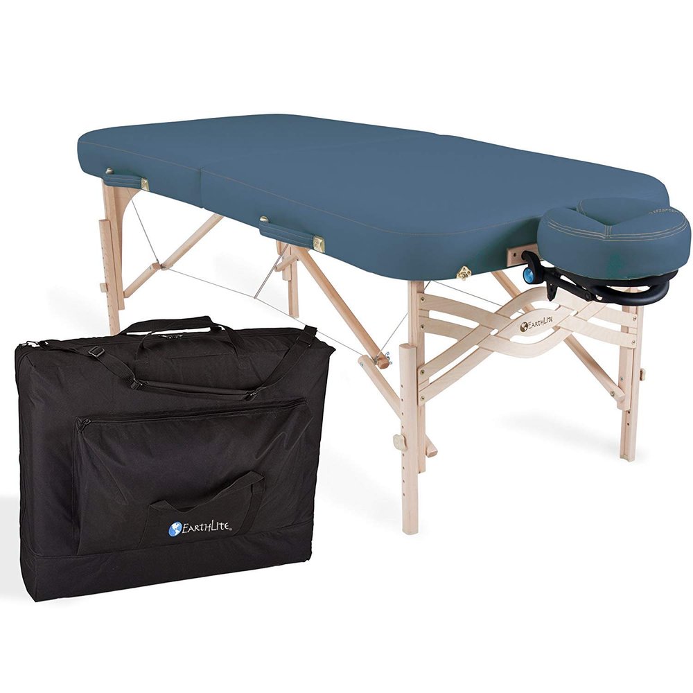 EarthLite Premium Portable Massage Table Package Spirit - Spa-Level Comfort, Deluxe Cushioning incl. Flex-Rest Face Cradle & Strata Face Pillow, Carry Case (30/32 x 73) - Made in USA, Mystic Blue