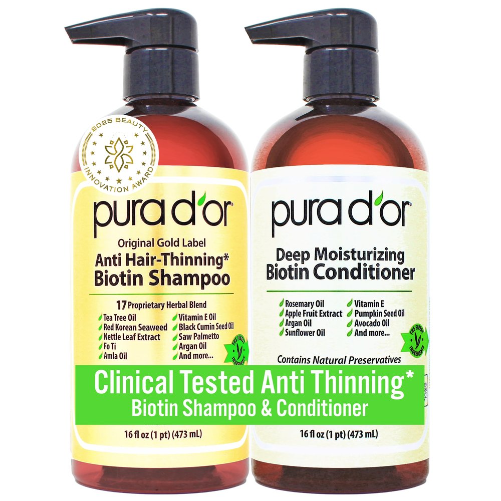 PURA D'OR Anti-Thinning Biotin Shampoo & Conditioner Original Gold Label Set (16oz x2) CLINICALLY TESTED Formula for Volume, Strength & Thicker-Looking Hair Helps Reduce Breakage For Women & Men