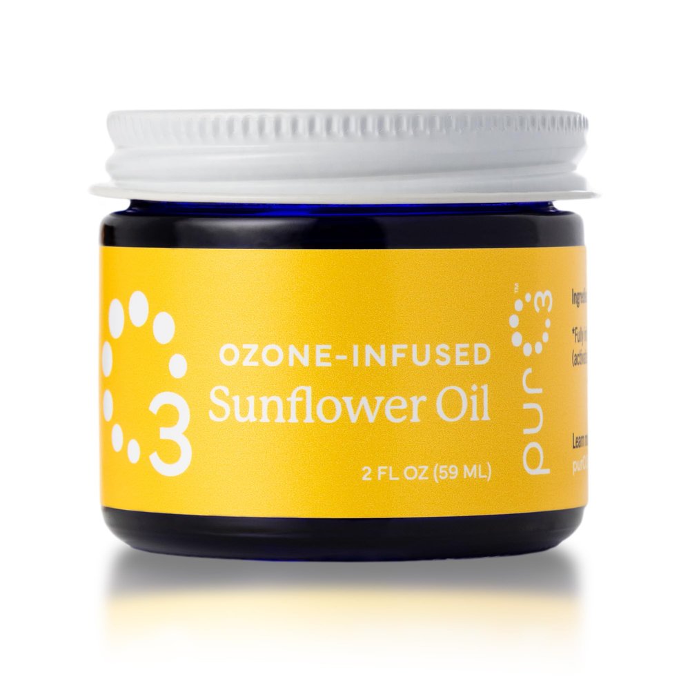 PurO3 Ozonated Sunflower Oil  Pure, Natural, Organic Skincare for Face & Body  Oxygenated Healing Lotion, Moisturizer & Beauty Cream in a Glass Jar  O3 Therapy Salve, 2 oz