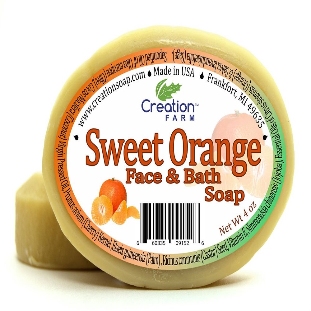 Creation Farm Handmade Soap, Sweet Orange Herbal Moisturizer Face and Body Cleansing Bar, 100% Pure Botanical, 8 oz (2-4 oz Soap Bar Pack)